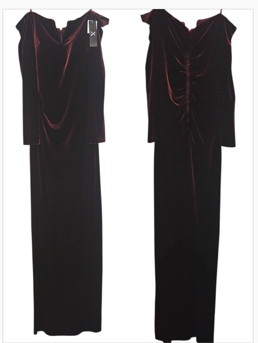 XSCAPE Burgundy Velvet Off The Shoulder Long Sleeve Gown Size 14 - Picture 5 of 12